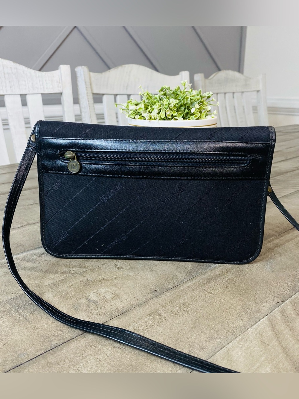 Vintage BONIA Black Monogram Canvas Leather Trim Crossbody Shoulder Bag - Picture 5 of 8